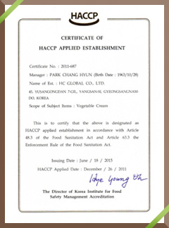 HACCP Certificate for HC Global Co., Ltd.(Food, Vegetable Cream Types) (English)